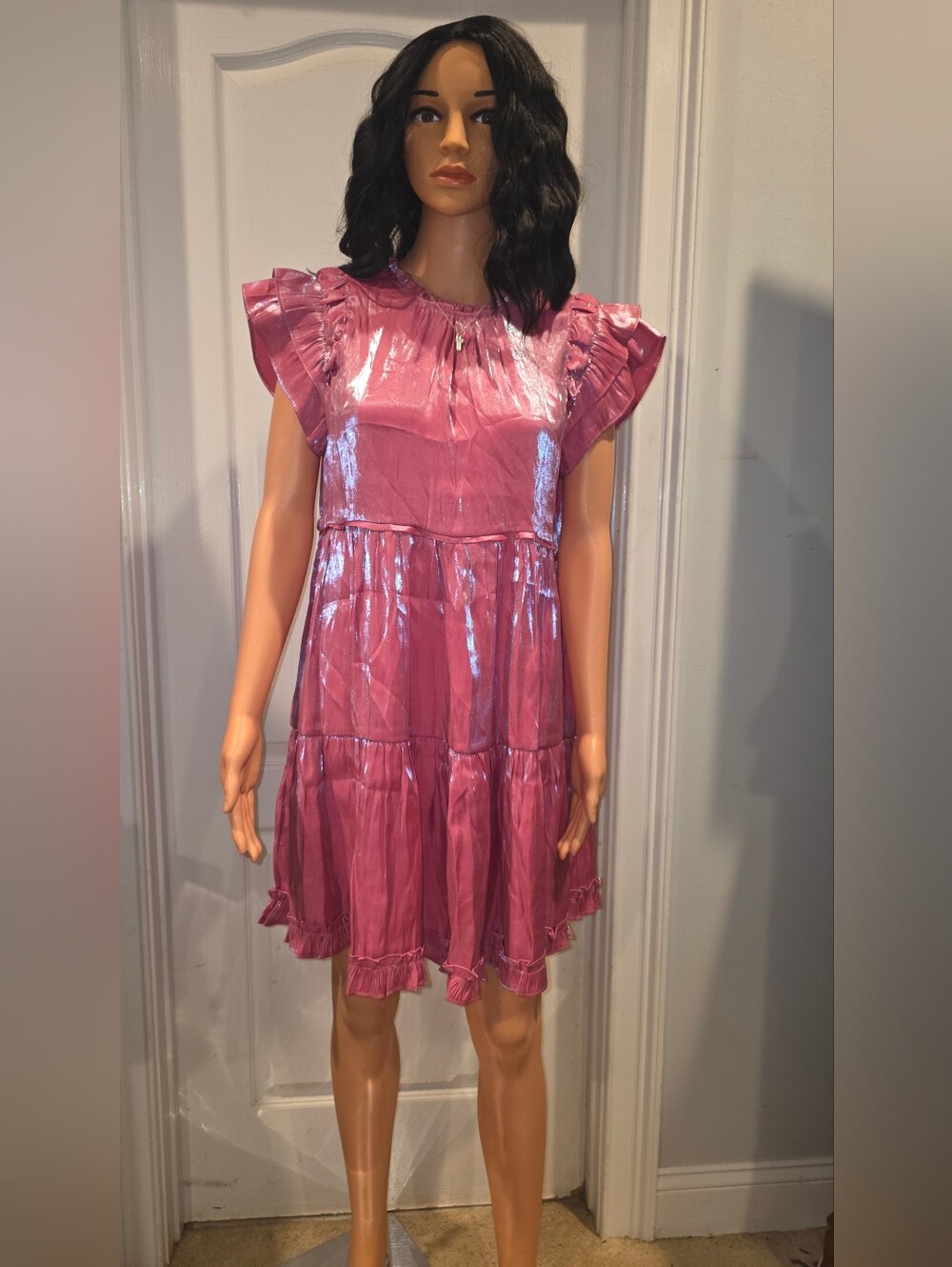 Umgee Shimmer Rose Pink Ruffle Tiered Mini Dress